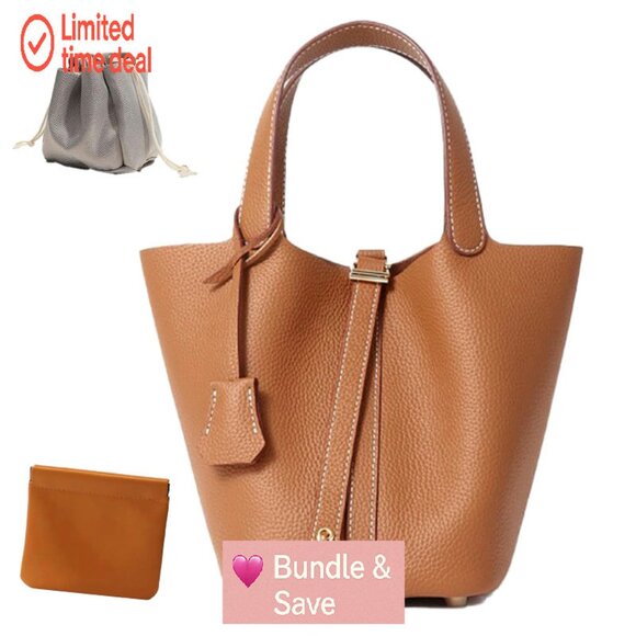 Genuine Leather Bucket Bag with Lock Design, Spacious Shoulder Satchel - Picture 1 of 8